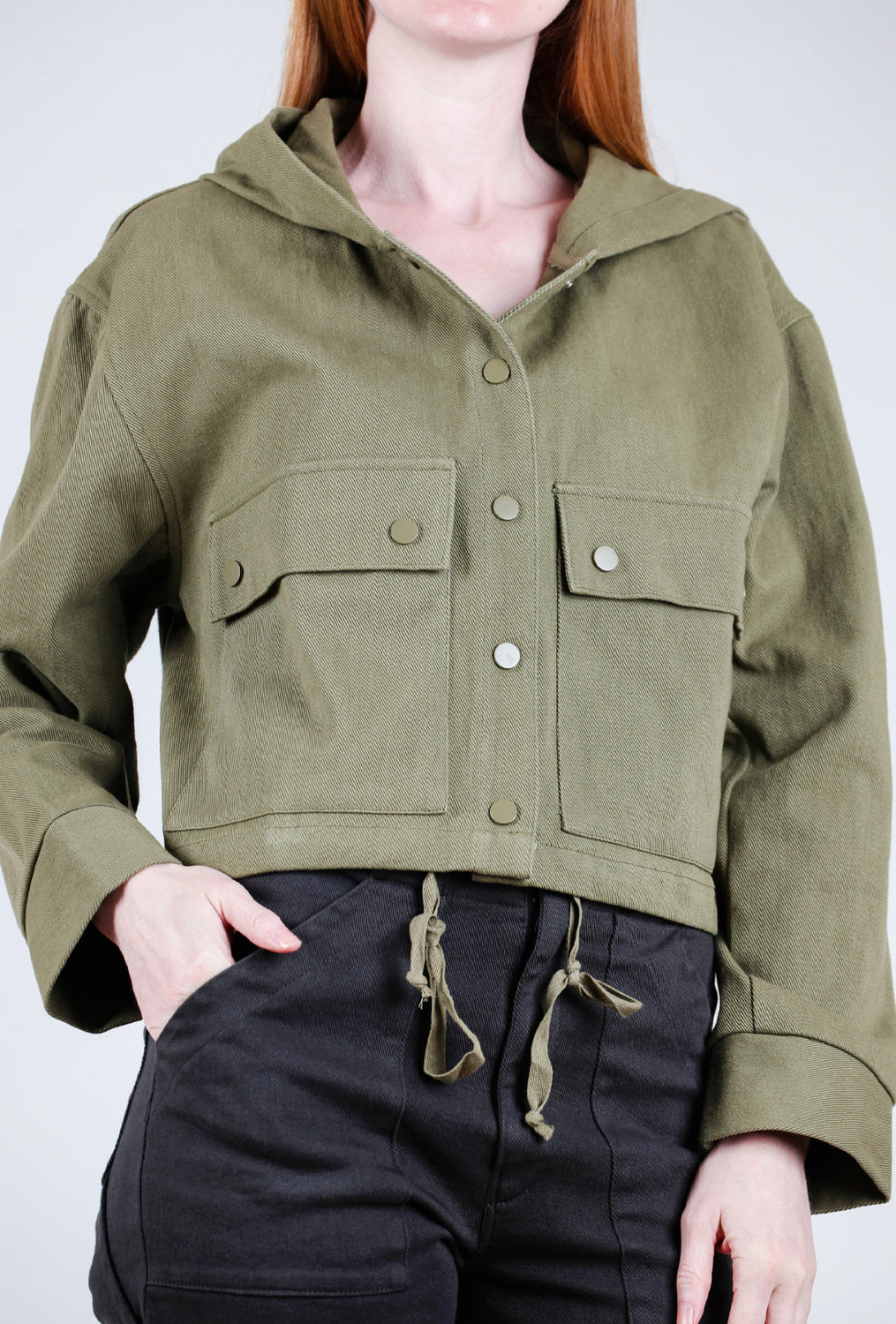 Crop Snap Button Hoodie, Olive