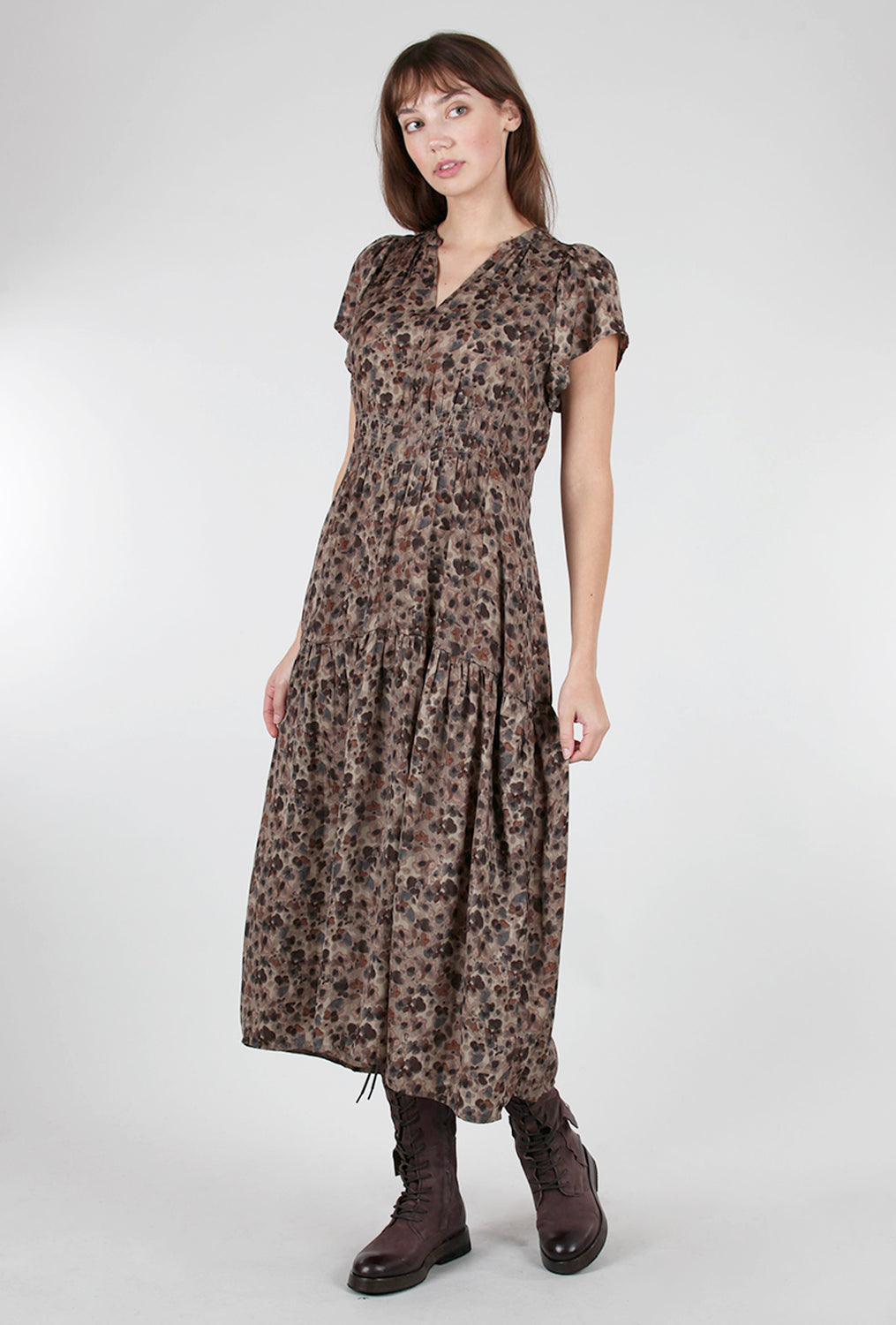 Ruffle-Sleeve Print Midi Dress, Tawny
