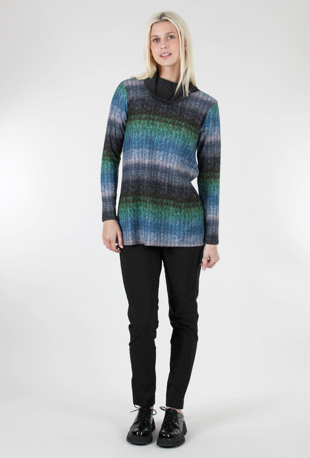 Faded-Stripes Cowl Tunic, Blue/Green
