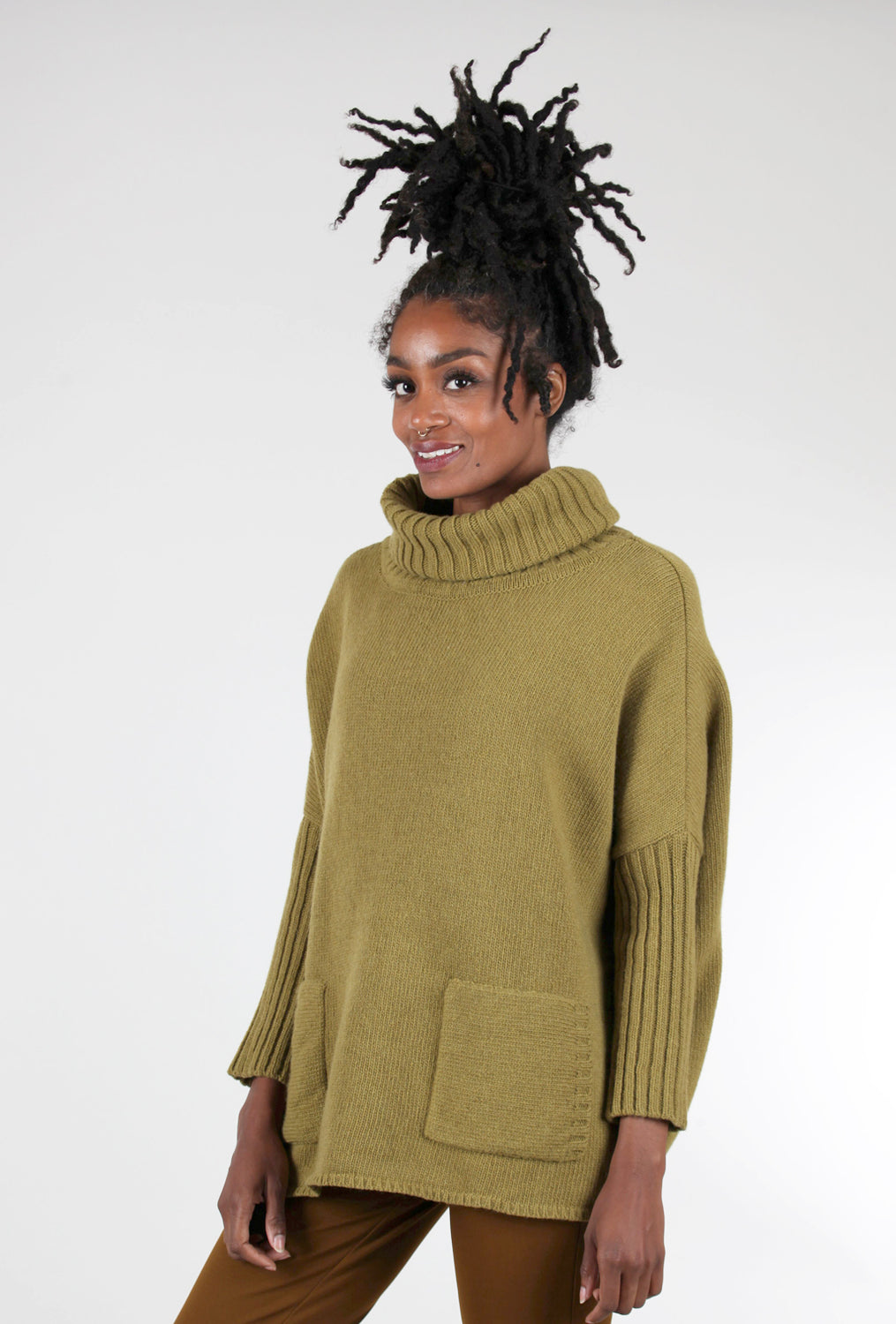 Adela Pocket Turtleneck Sweater, Moss Green