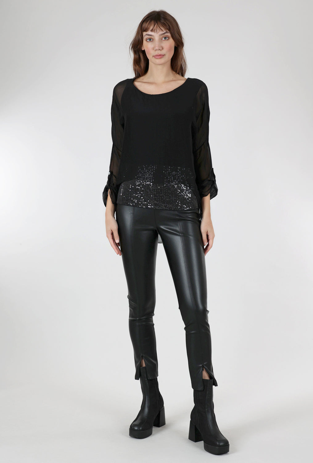 M Made in Italy Sheer Overlay Sequin Top, Black