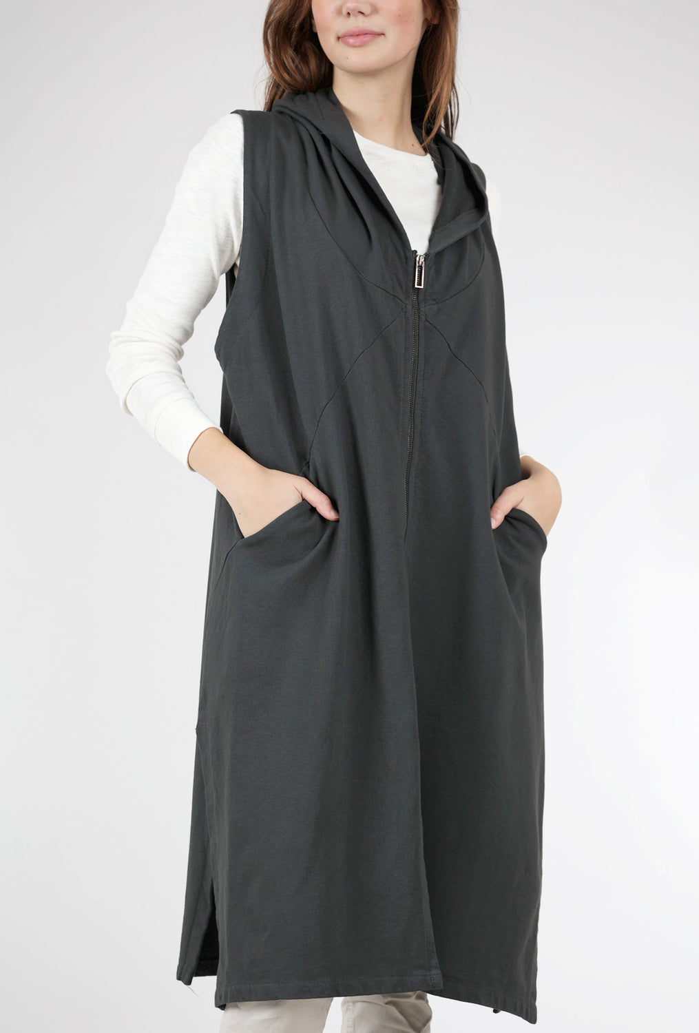 Long Hooded Zip-Up Vest, Charcoal