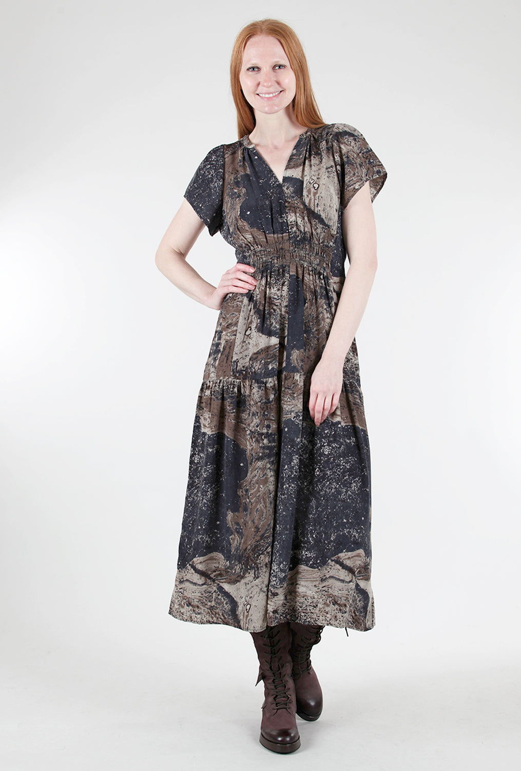 Tiered Swirl Print Midi Dress, Midnight