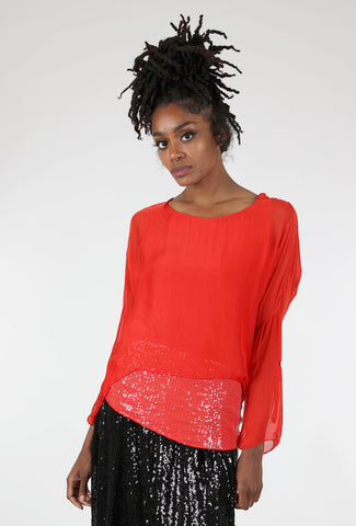 Sheer Overlay Sequin Top, Red