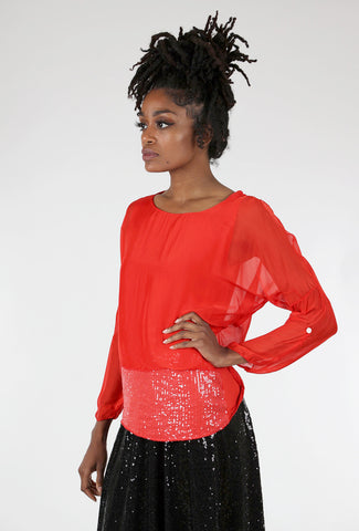 Sheer Overlay Sequin Top, Red