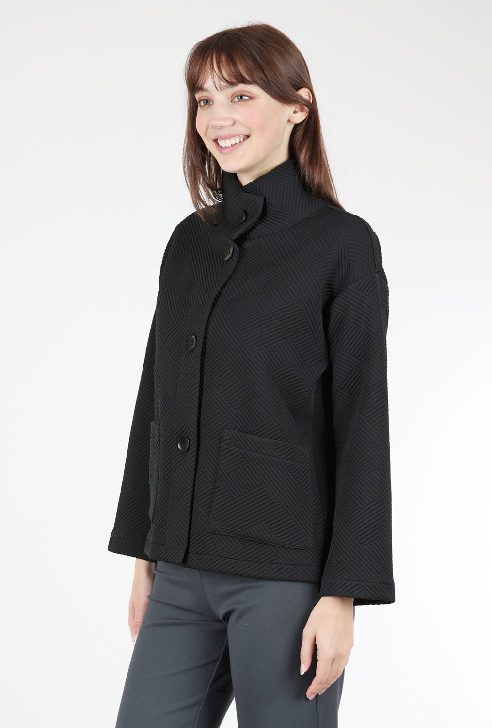 High-Collar Quilted Jacket, Black