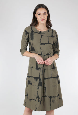 Brushstroke Pleat-Detail Dress, Khaki
