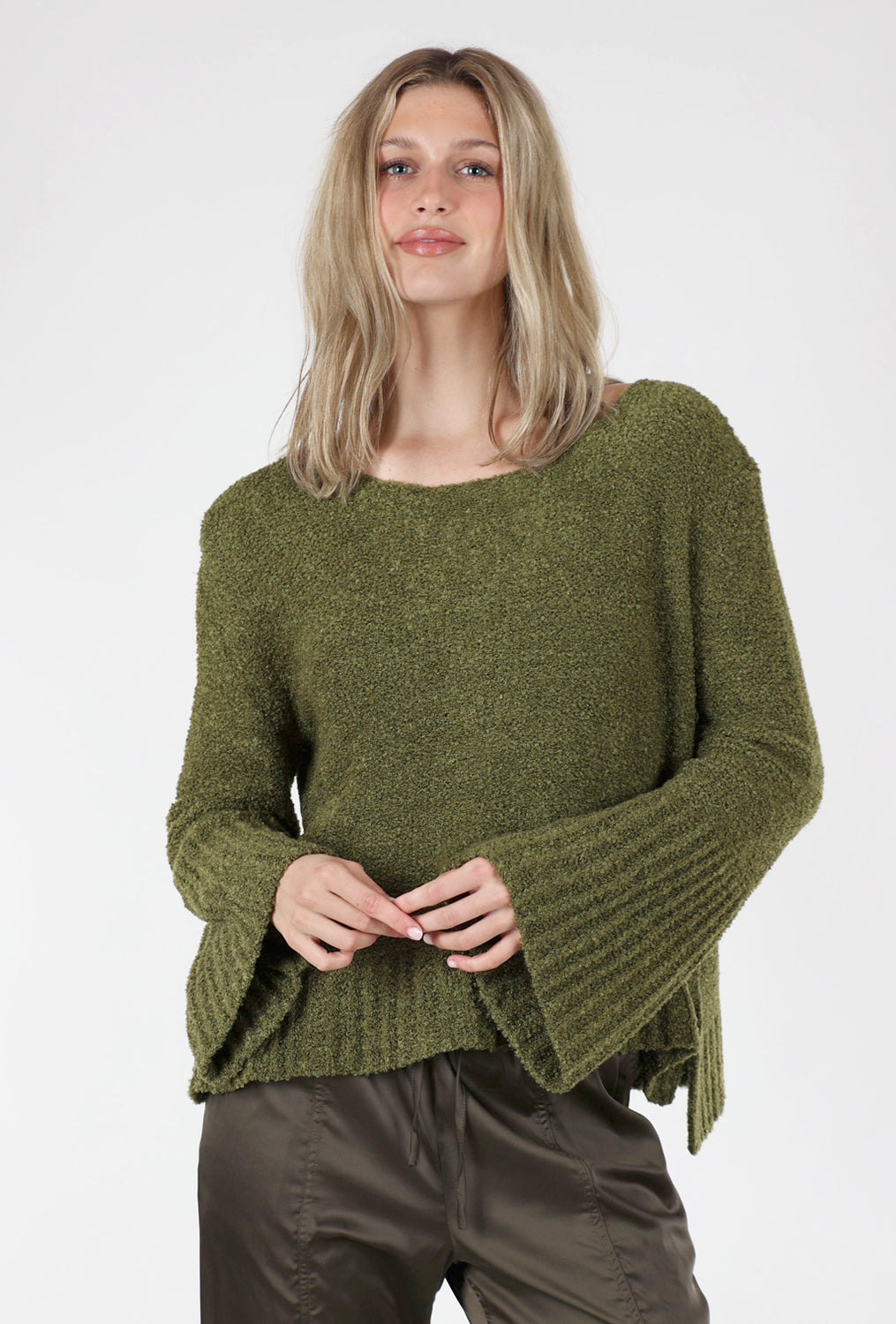 Bell-Sleeve Slouchy Sweater, Khaki Green