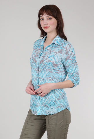 Roll-Up Sleeve Crinkle Shirt, Aqua Print