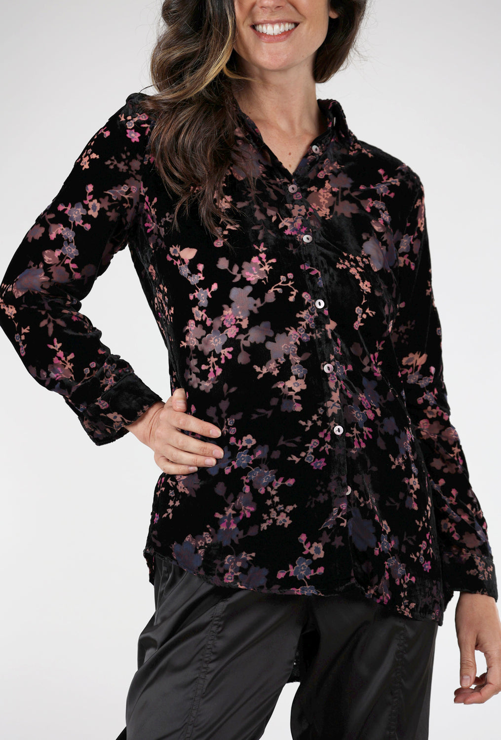 Burnout Floral Velvet Shirt, Black/Mauve