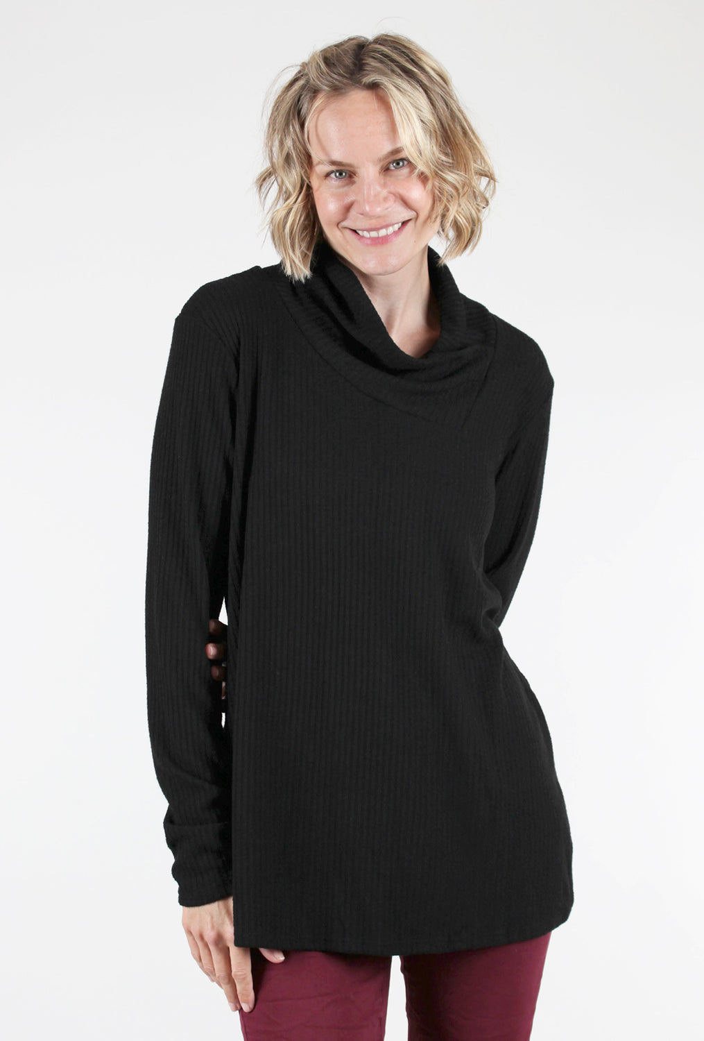 Folded Cowl Ribbed Top, Black