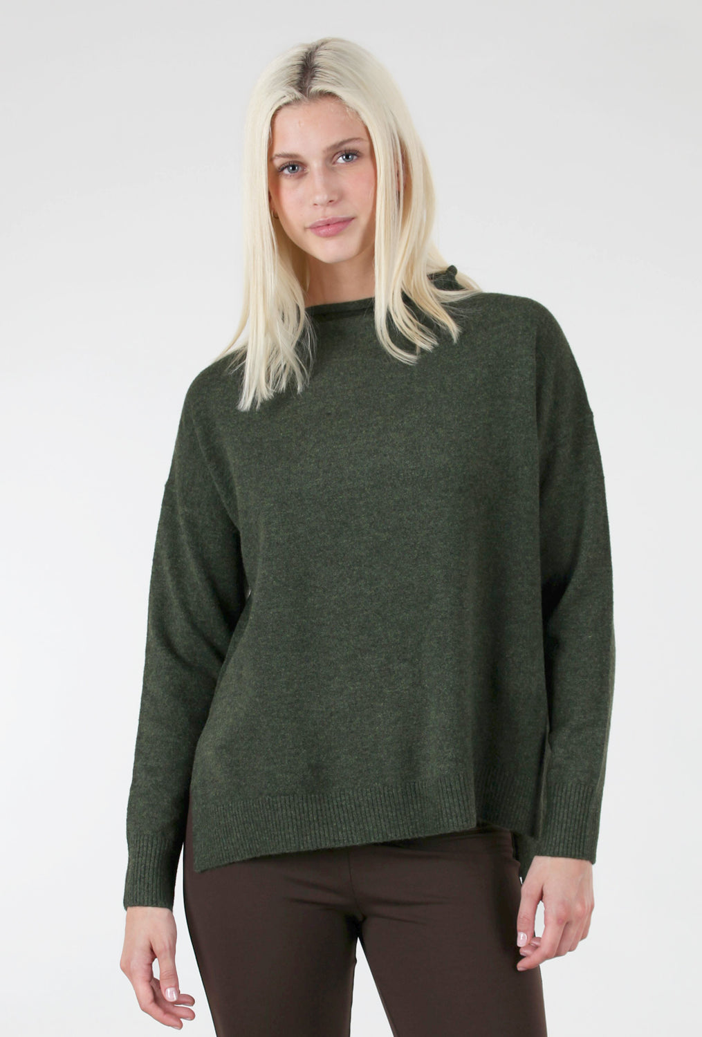 Roll-Neck High-Low Sweater, Olive