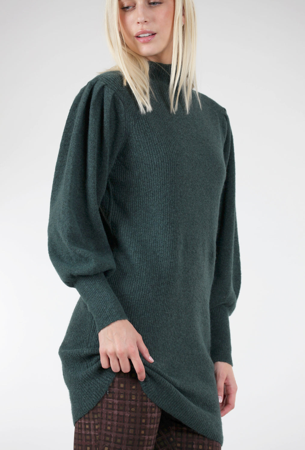 Puff-Sleeve Sweater Dress, Green