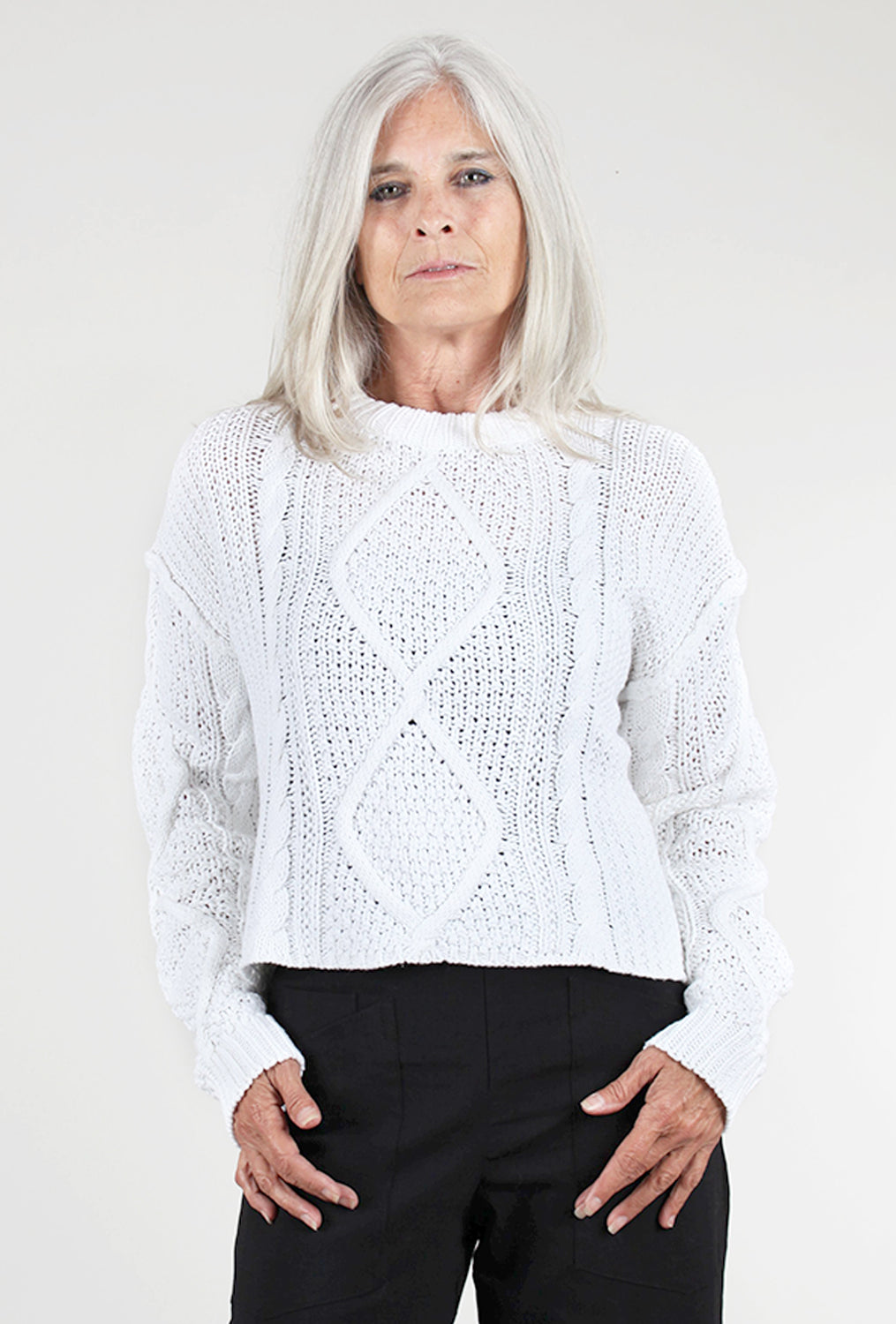 Raw-Edge Cable Sweater, White