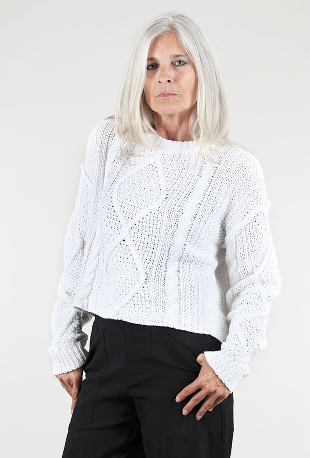 Raw-Edge Cable Sweater, White