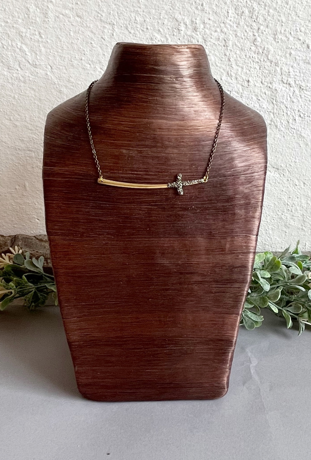 Pyrite Gemstone Curved Cross Necklace