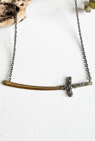 Pyrite Gemstone Curved Cross Necklace