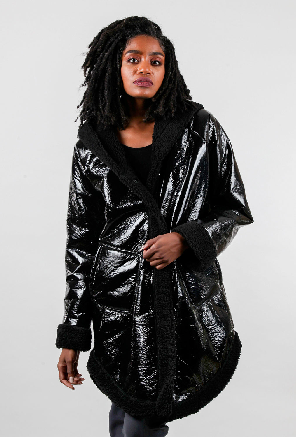 Sherpa-Lined Faux Leather Coat, Black