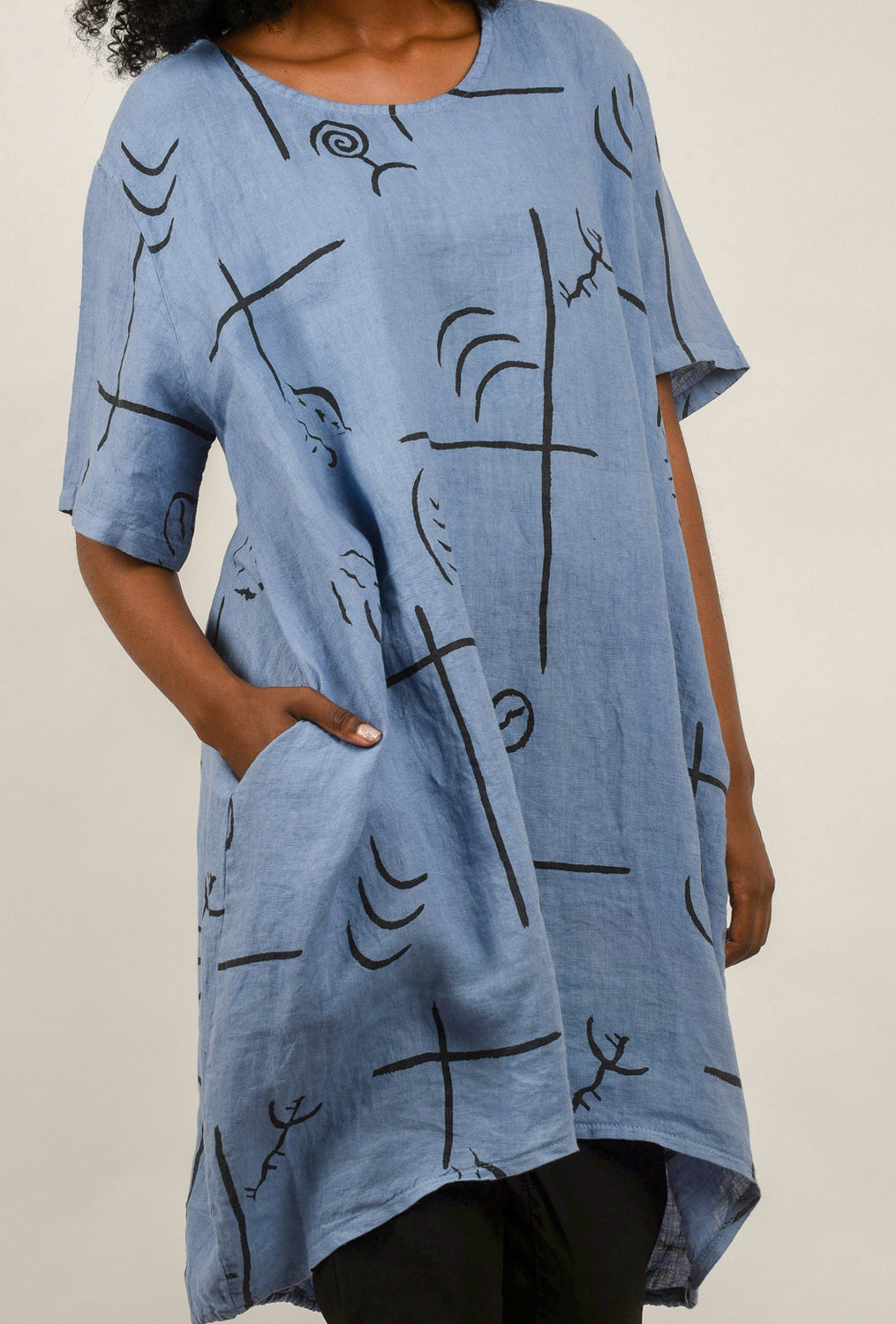 Drawstring Fish Print Dress, Blue
