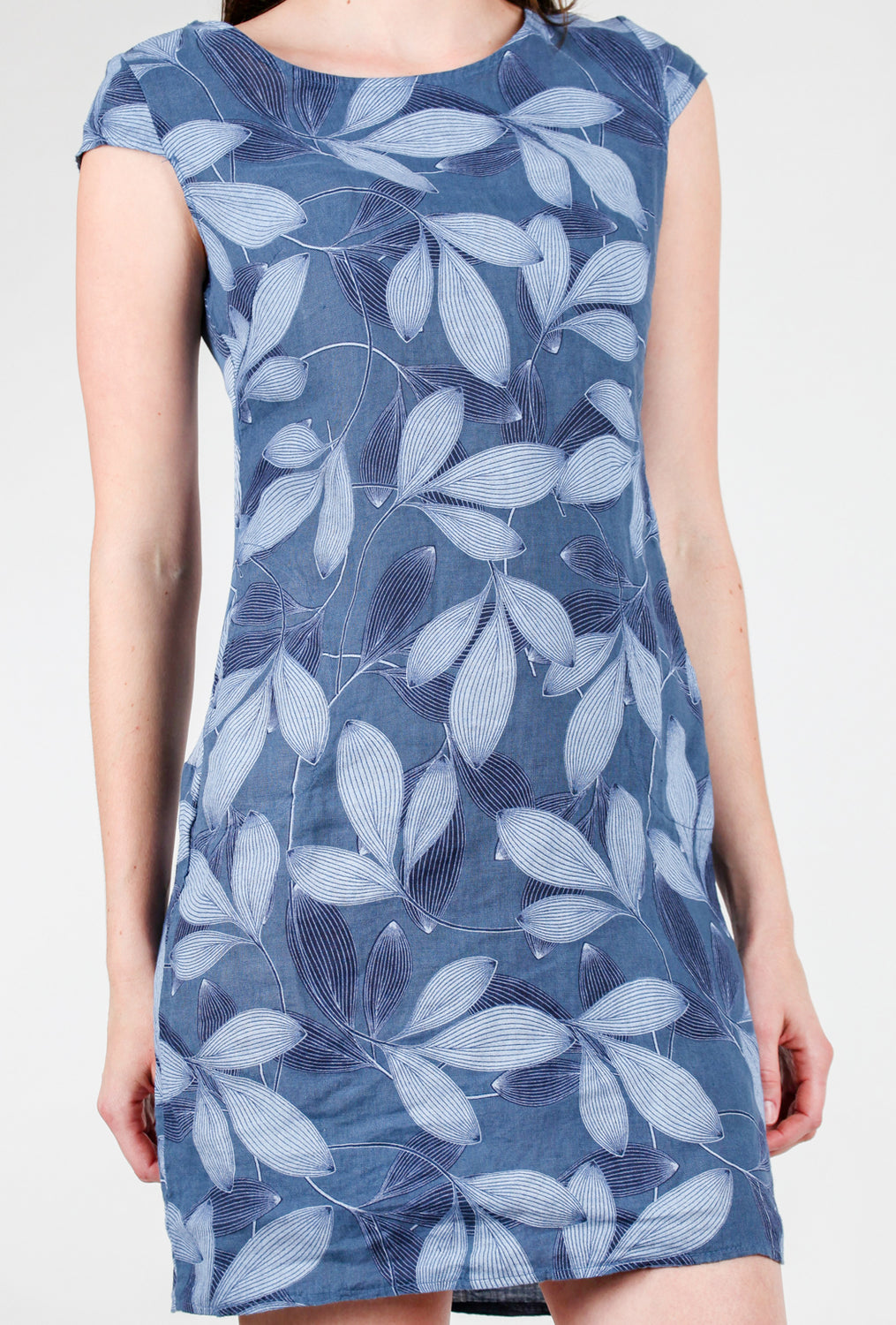 Leaf Pattern Linen Dress, Indigo
