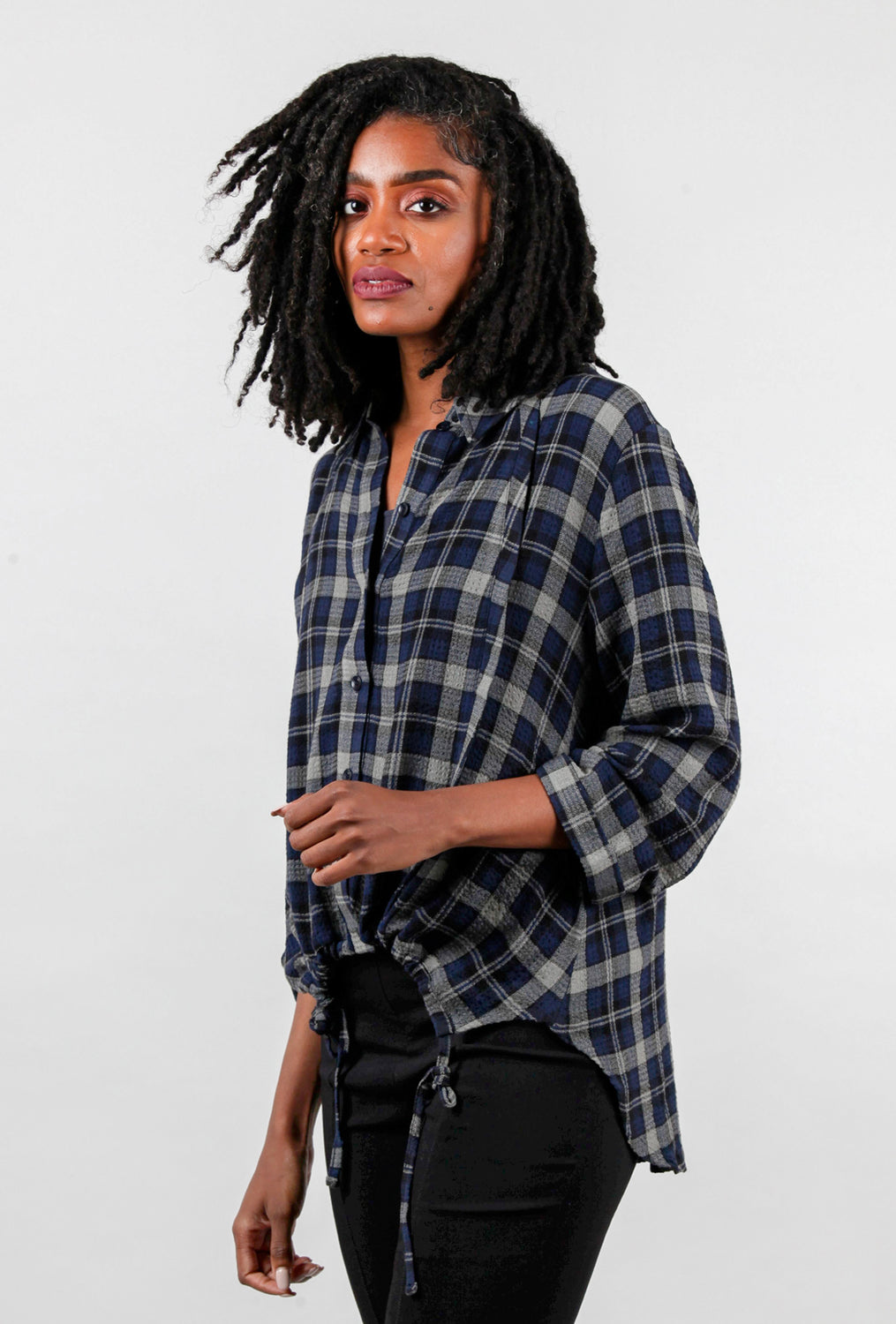High-Low Plaid Blouse, Navy