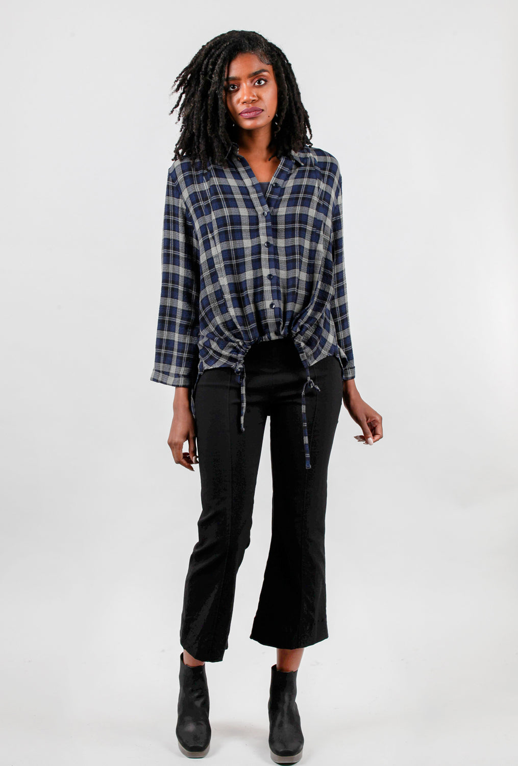 High-Low Plaid Blouse, Navy