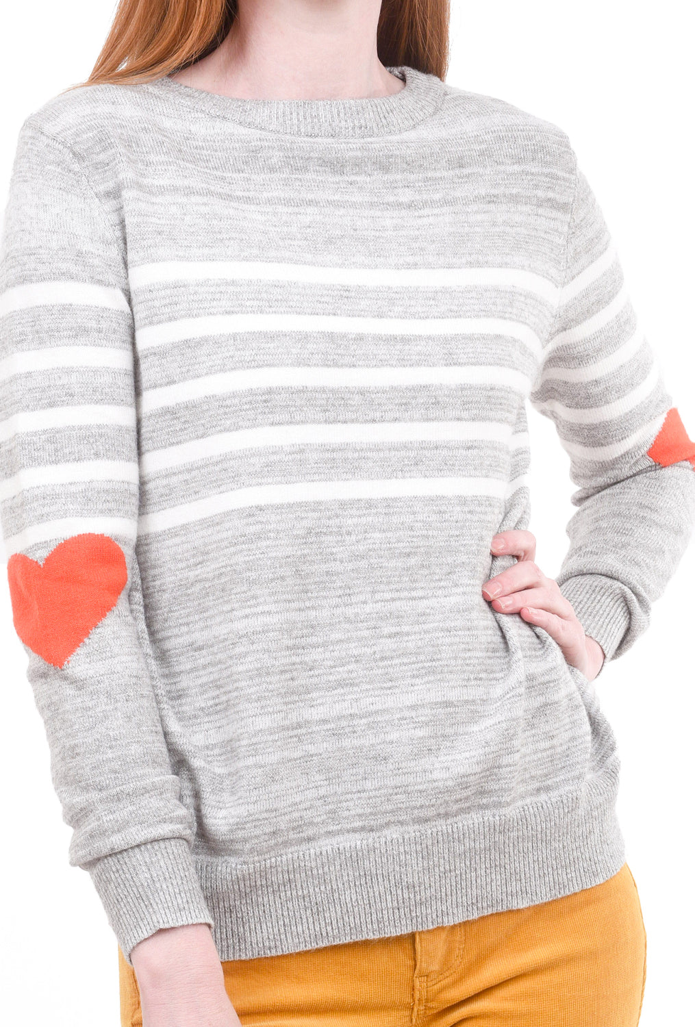 Stripe Heart Elbow Sweater, Gray