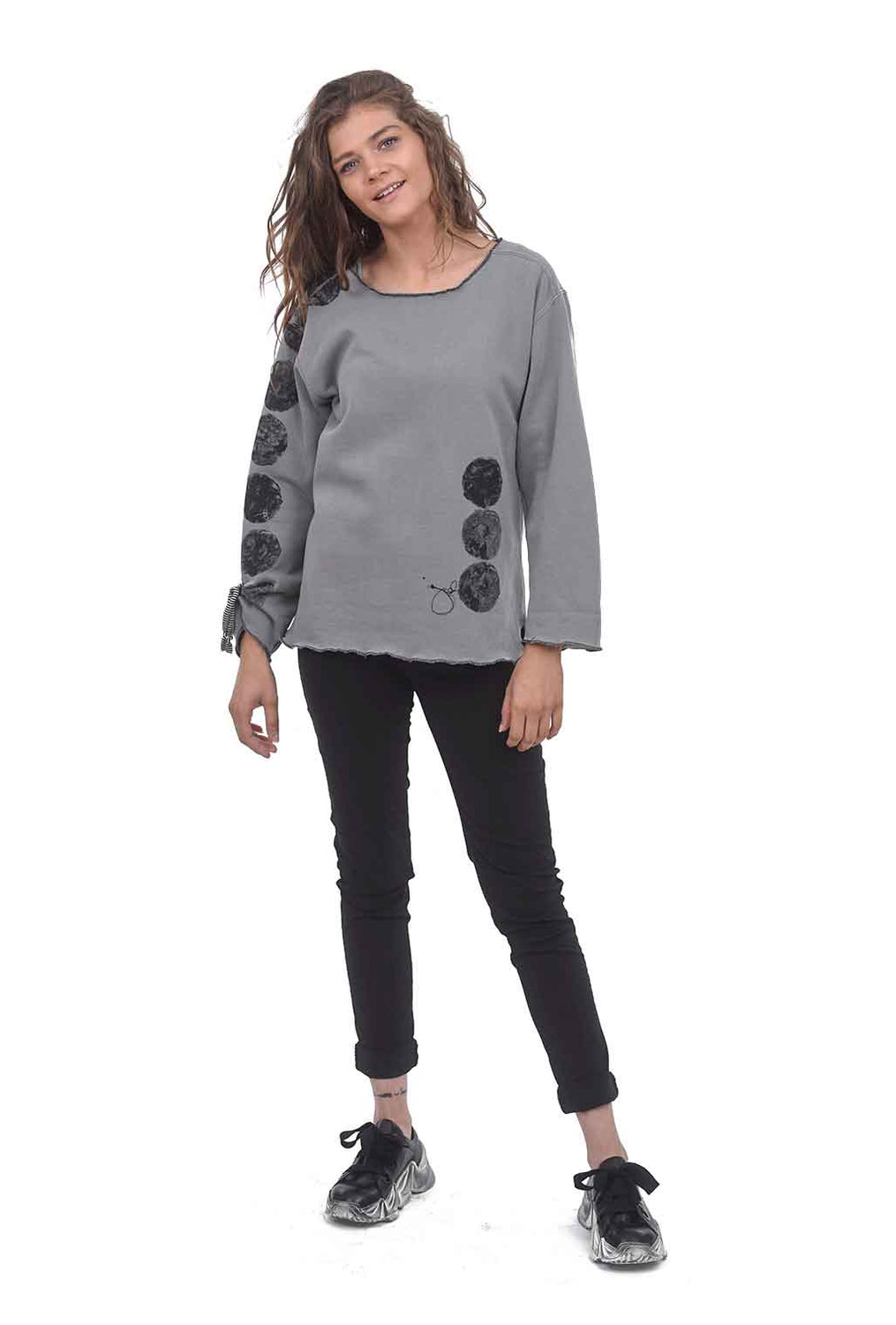 Ruched-Sleeve Sweatshirt, Gray