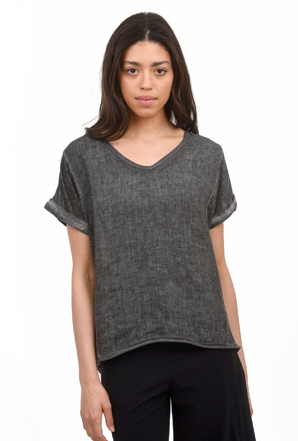 Garment-Dyed Linen Top, Anthracite