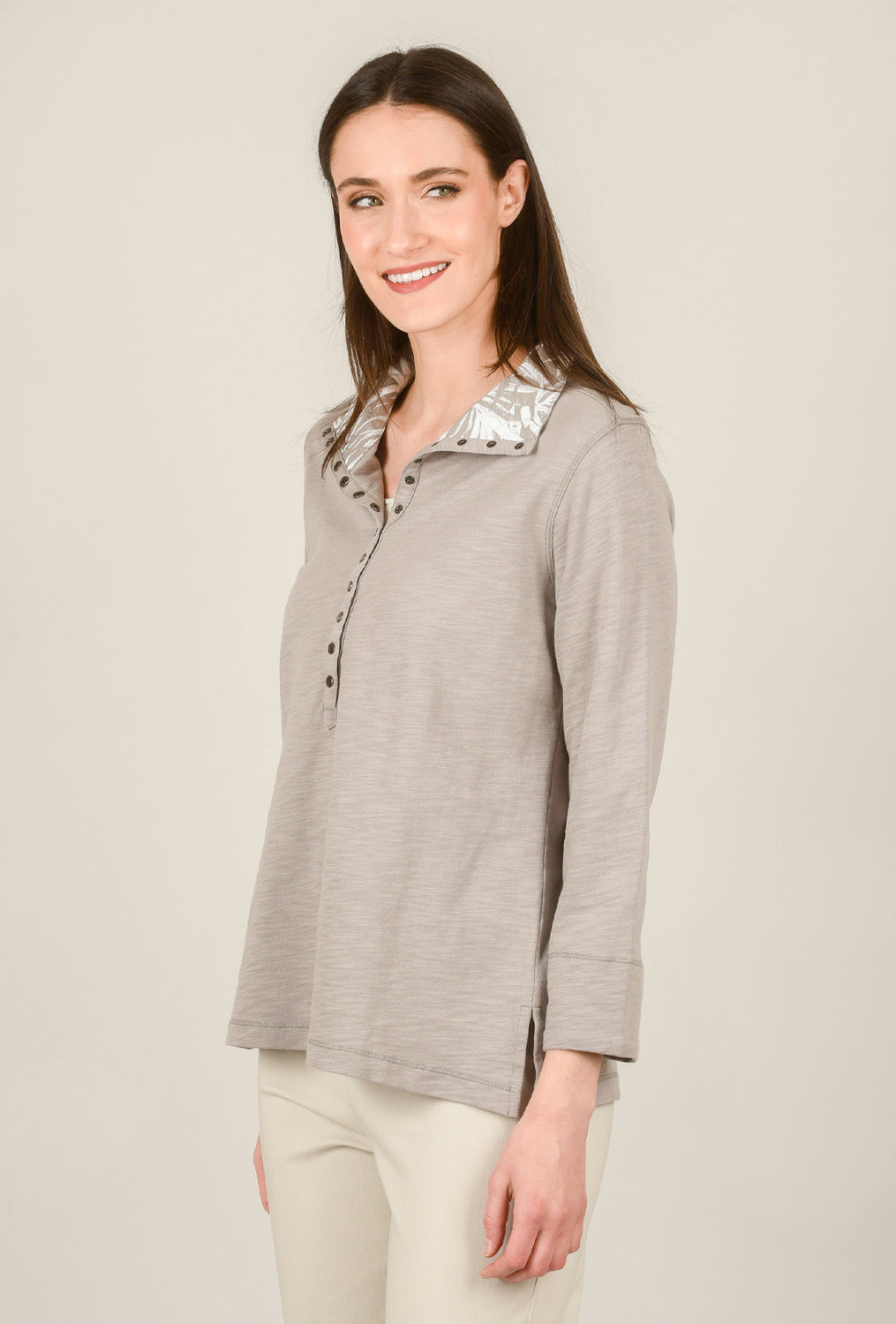 Palm Leaves Placket Top, White