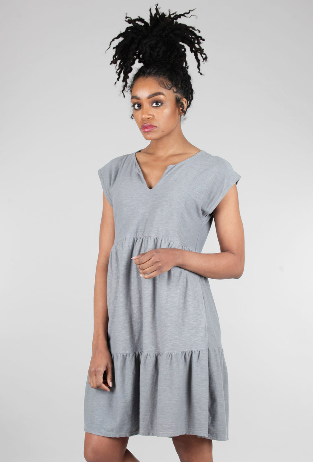 Short-Sleeve Tiered Dress, Cobblestone Gray