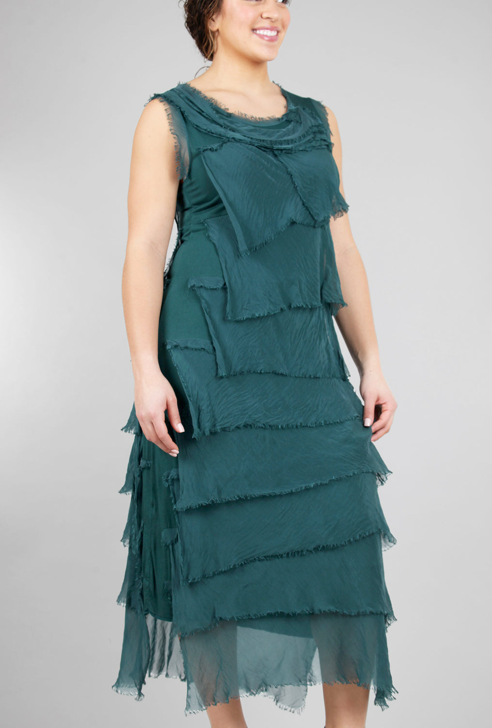 Long Tattered-Tiers Dress, Emerald
