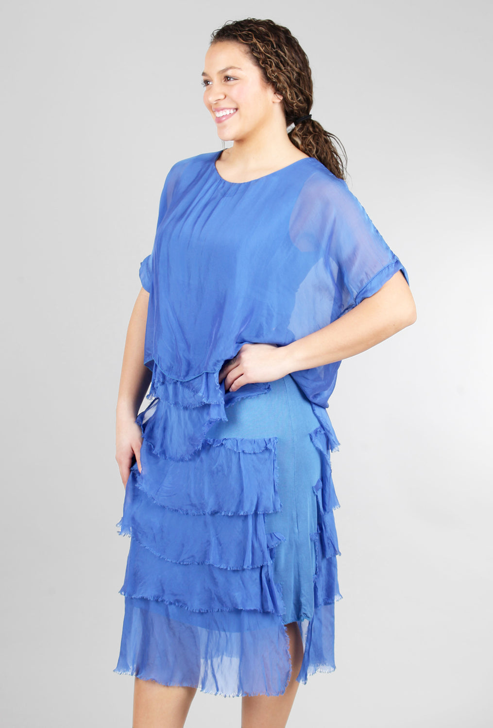 Sleeved Tattered Tiers Dress, Royal Blue