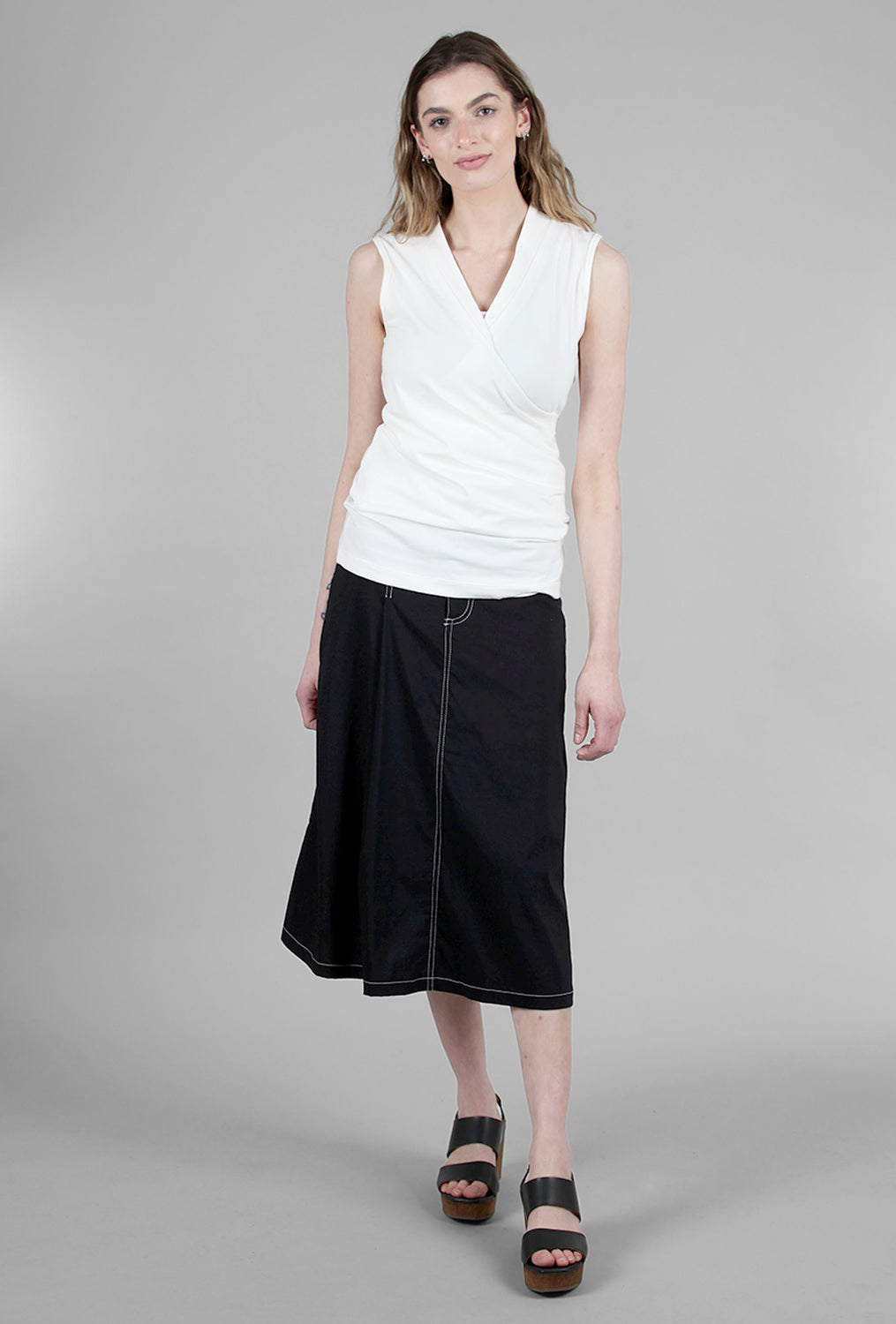 Perla Jeans-Stitch Skirt, Black