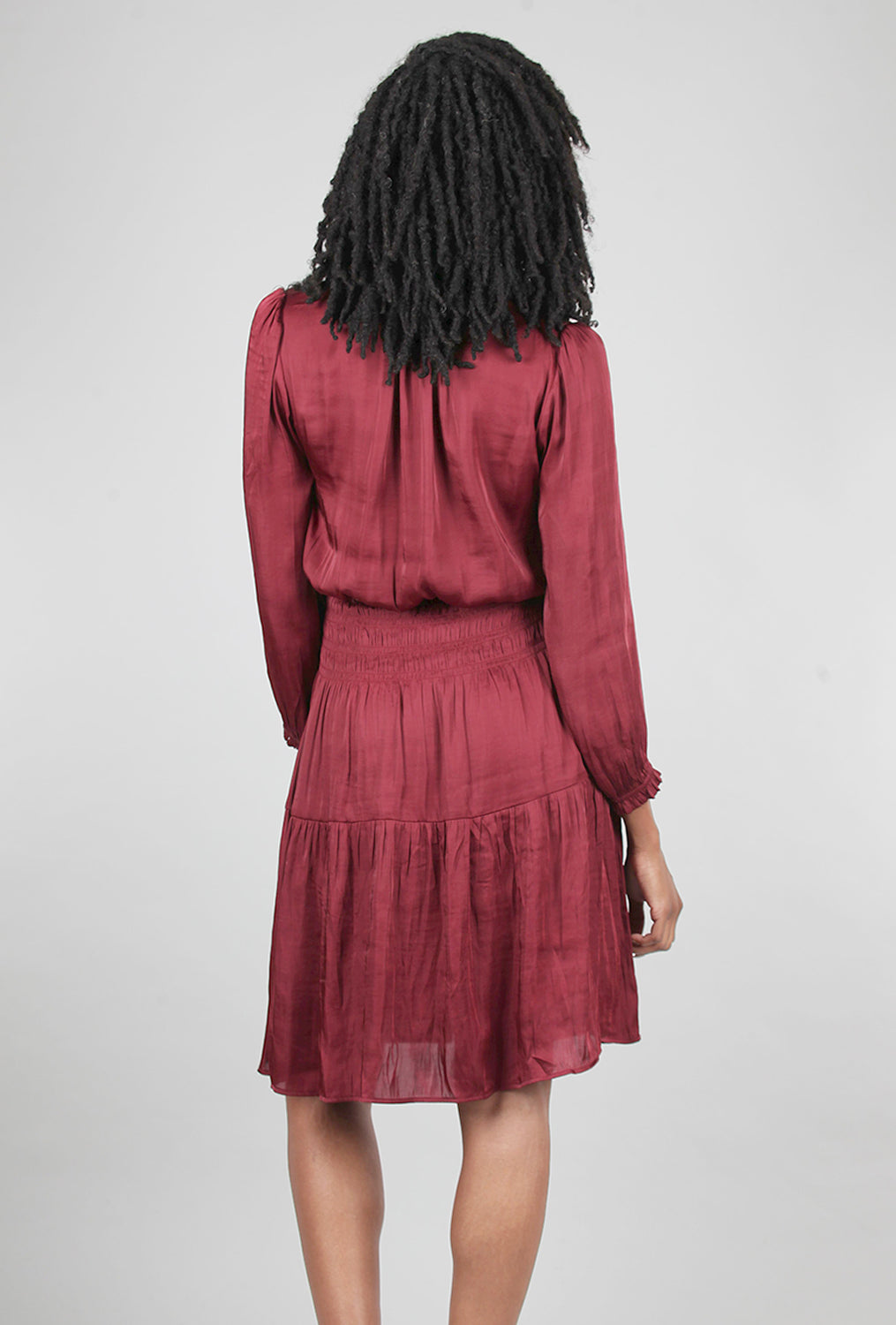 Smocked-Waist Sateen Dress, Red Vino