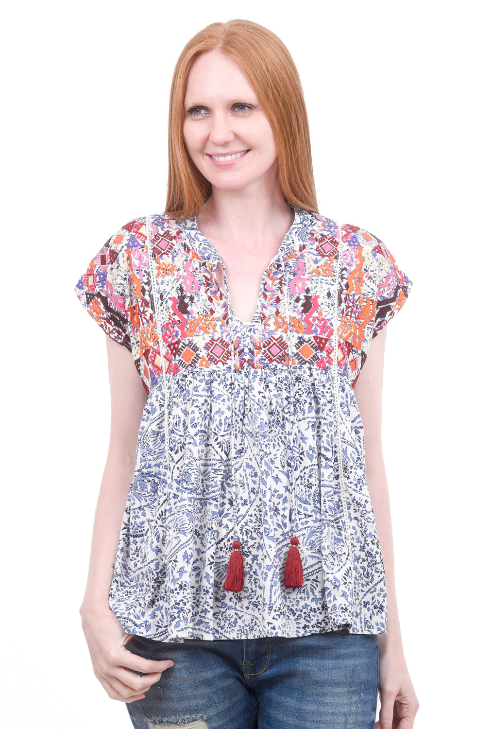 Embroidered Baby-Doll Top, Blue