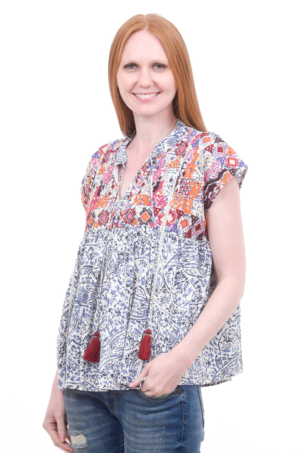 Embroidered Baby-Doll Top, Blue