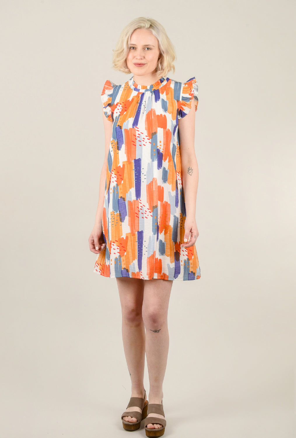 Ruffle-Sleeve Painterly Dress, Multi Orange