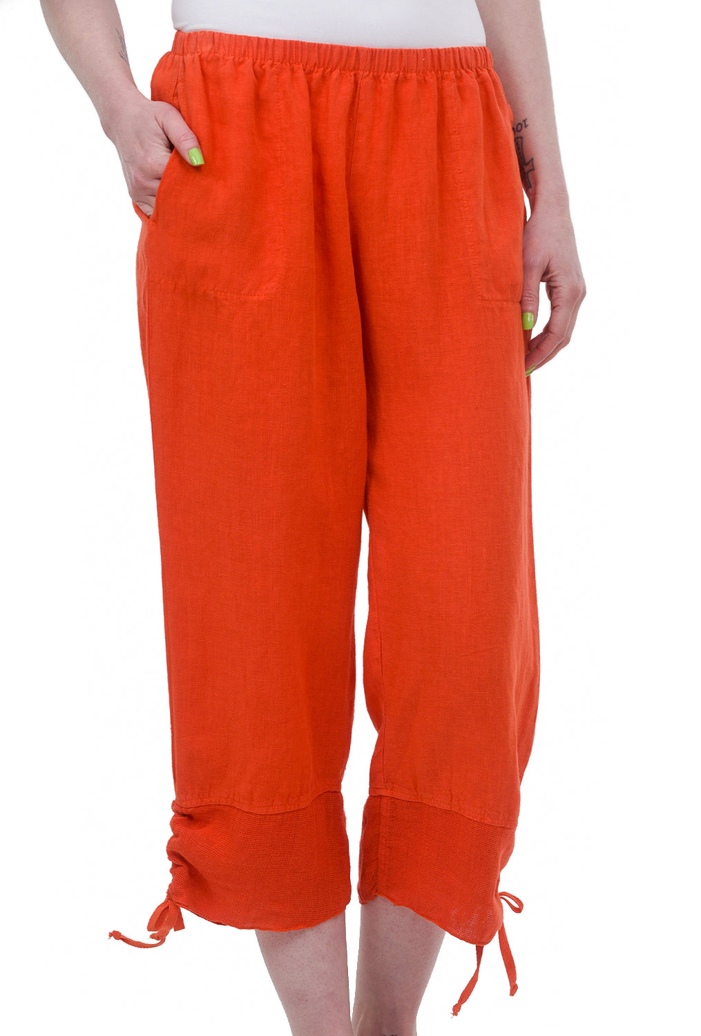 Mesh-Hem Linen Crop Pant, Orange