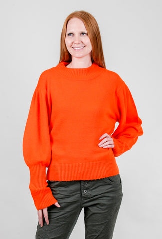 Puff-Sleeve Rib Detail Sweater, Orange