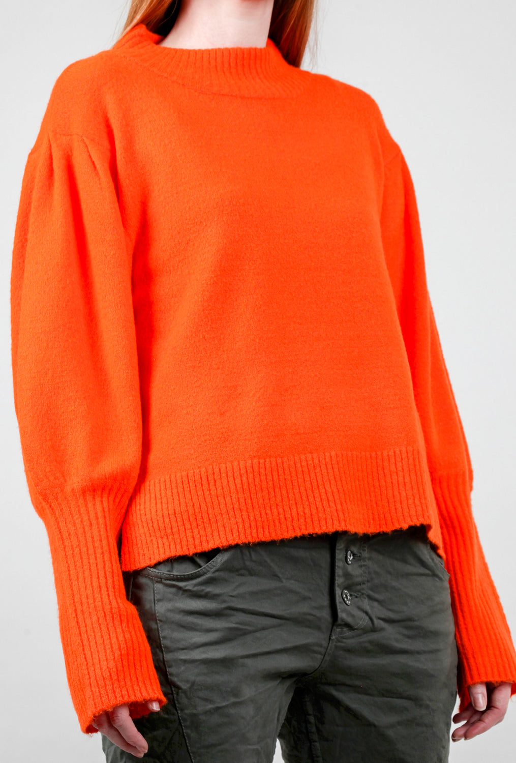 Puff-Sleeve Rib Detail Sweater, Orange