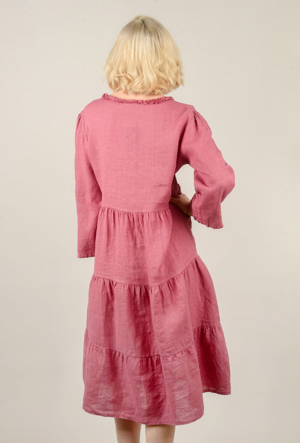Raw-Edge Linen Midi Dress, Pink