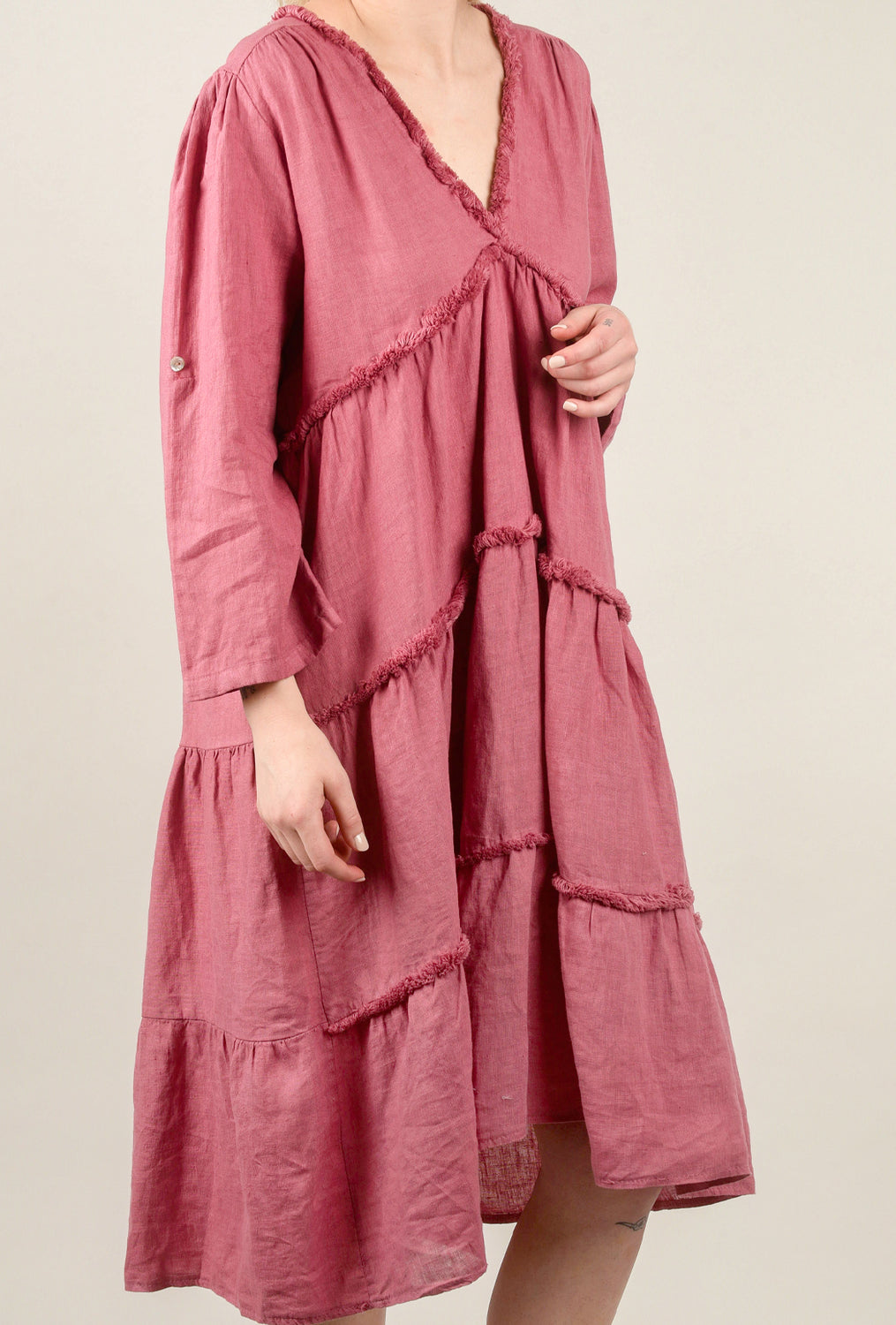 Raw-Edge Linen Midi Dress, Pink