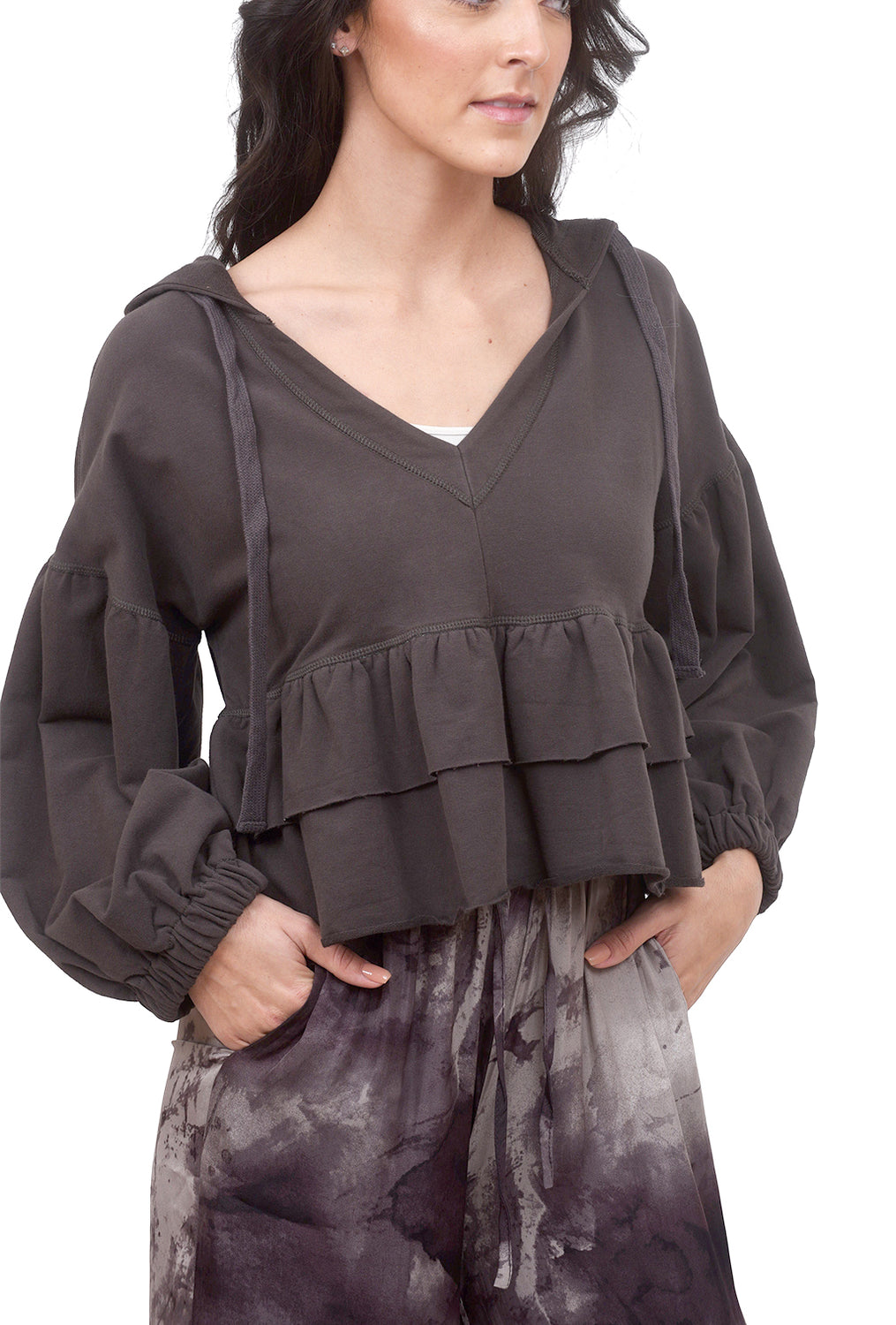 Double Ruffle Cropped Hoodie, Carbon