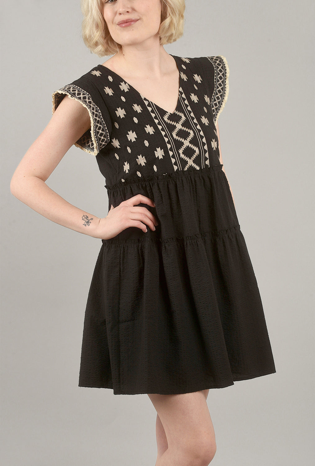 Embroidered-Bib Tiered Dress, Black