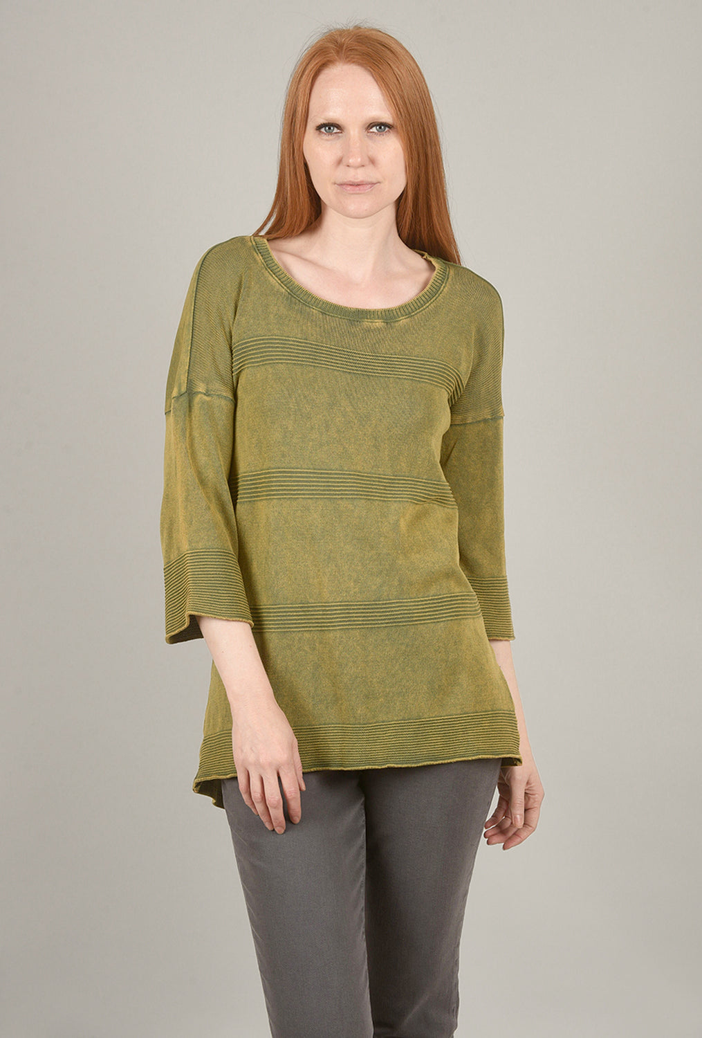 Mineral-Wash Contrast Sweater, Green Olive