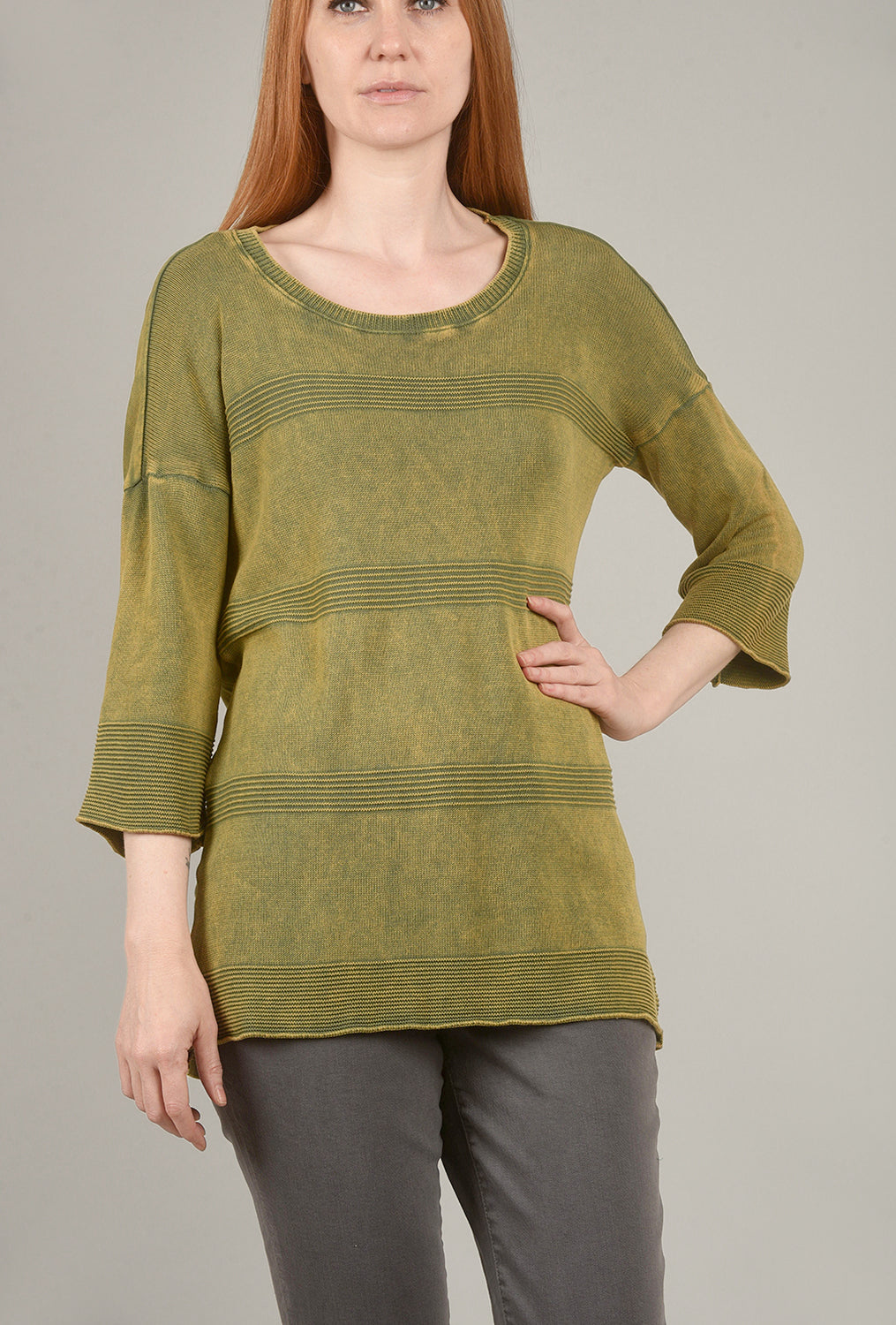 Mineral-Wash Contrast Sweater, Green Olive