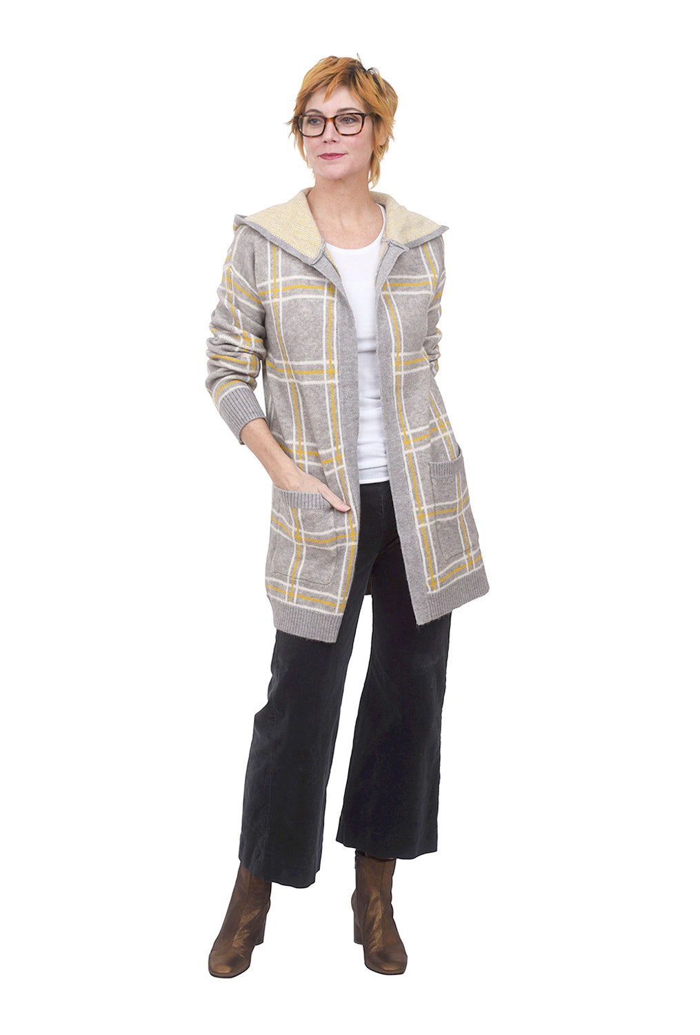 Hooded Open Plaid Cardigan