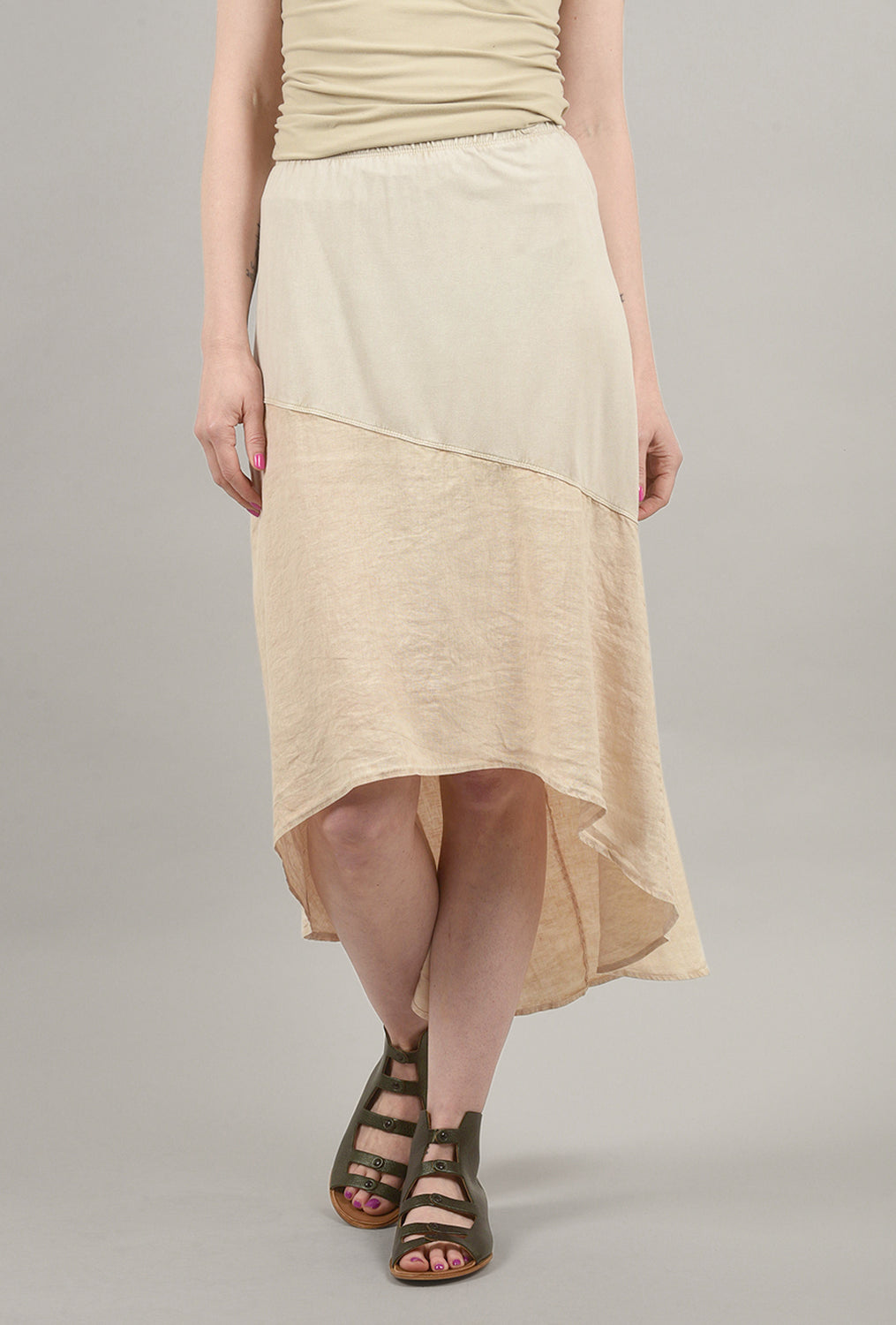High-Low Linen Panel Contrast Skirt, Bone
