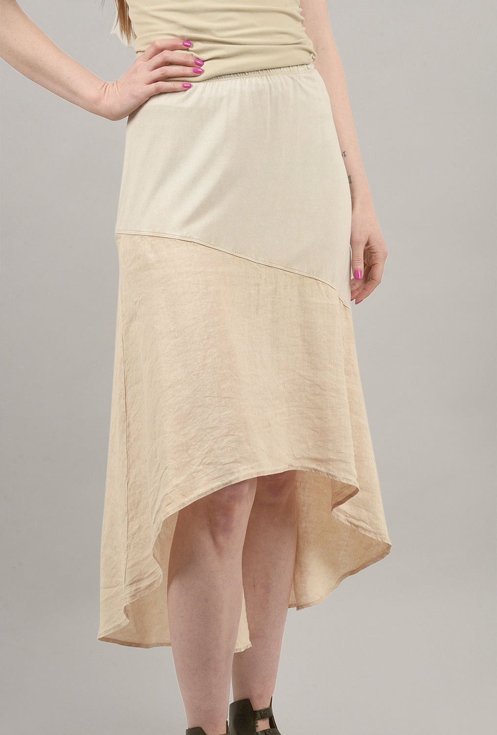 High-Low Linen Panel Contrast Skirt, Bone